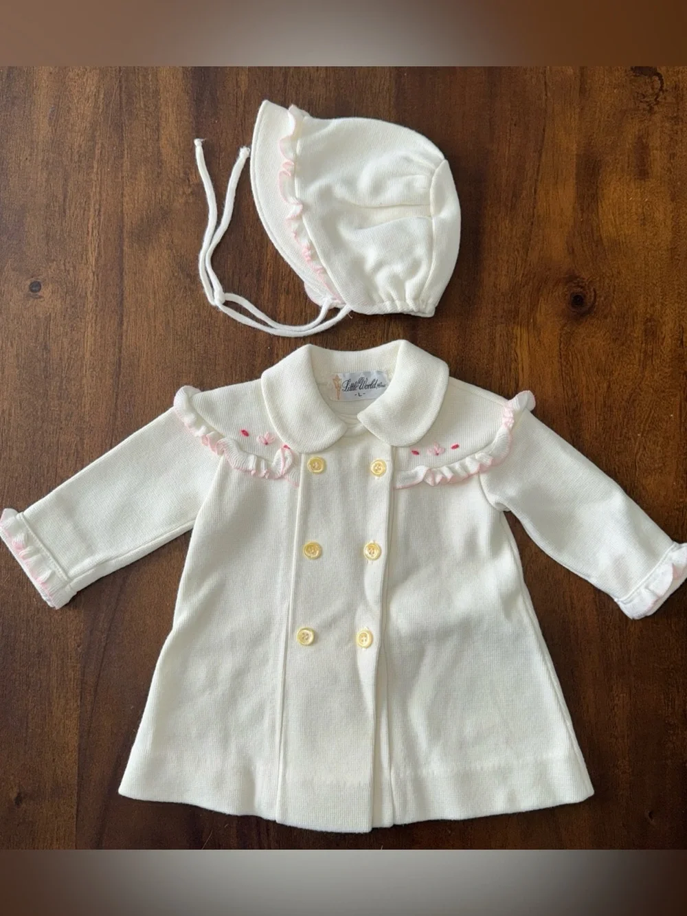Little World Vintage Ivory Pink Ruffle Embroidered Sweater Coat w Matching Hat L
